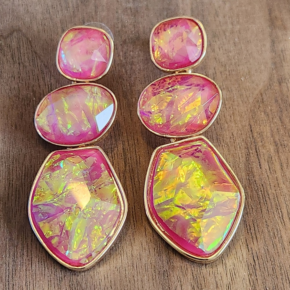 Pink Iridescent Geometric Triple Tier‎ Drop Statement Earrings Gold Tone Post